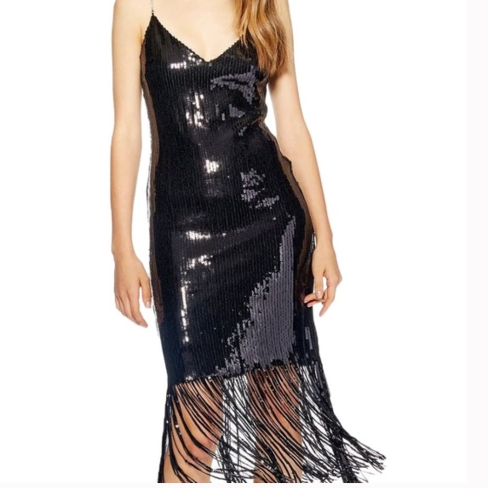 Topshop Sequin Fringe Jewelry Strap Dress Black